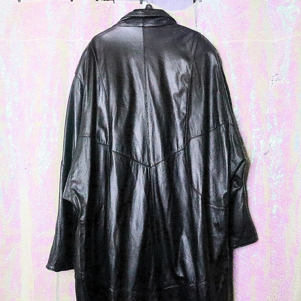 VINTAGE LEATHER TRENCH COAT 22W Venezia Black Halloween Goth Fall Winter Long - Picture 8 of 12